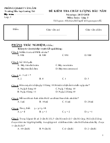 Đề kiểm tra chất lượng đầu năm Năm học: 2013- 2014 Môn: Toán – Lớp 3